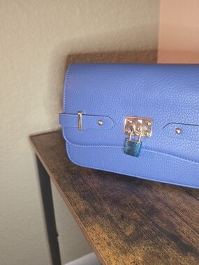 Blue Vegan Leather Crossbody Bag with Gold Hardware